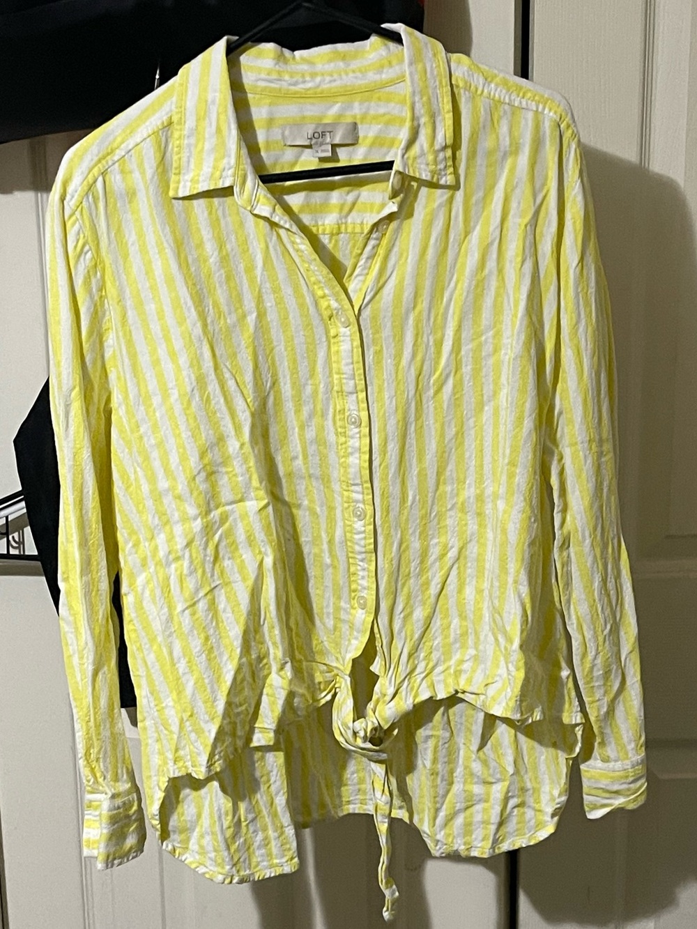 LOFT Yellow and White Striped Button-Front Tie-Hem Shirt